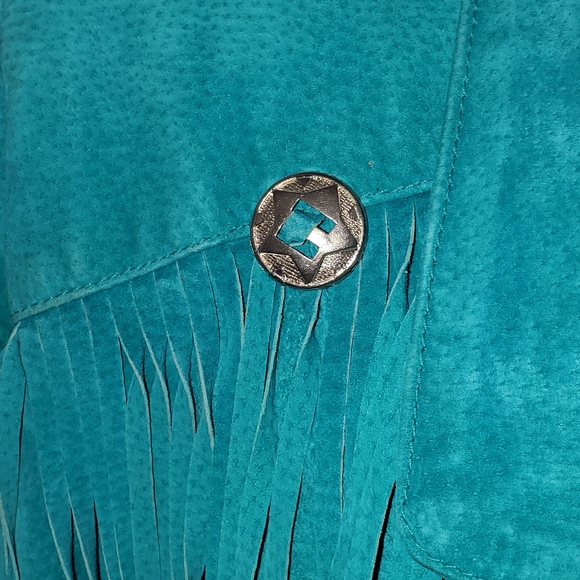 Fringed Teal Suede Western Style Jacket - Picture 4 of 7